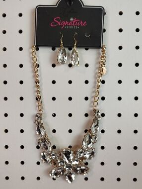 Paparazzi Signature Gold & Clear Crystal Statement Necklace and Earring Set